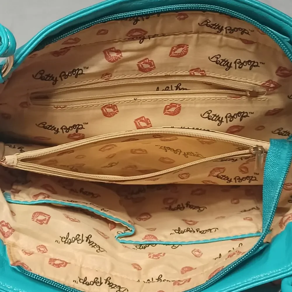 Betty Boop Teal Faux Leather Handbag Oversized Rhinestone Bow Satchel